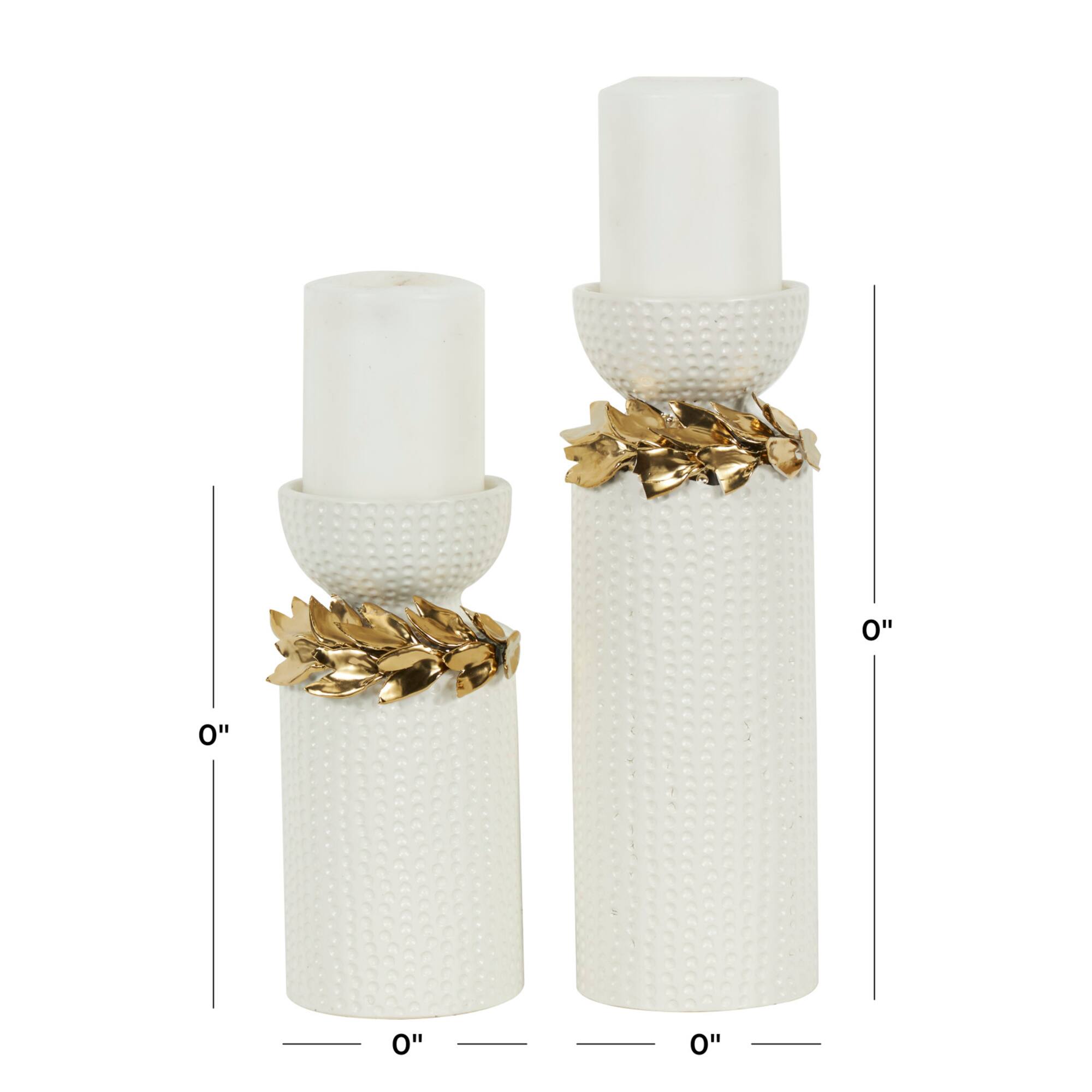 White Abstract Spotted Ceramic Pillar Candle Holder Set with Gold Leaf Accents
